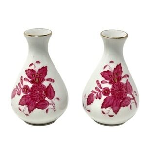 Herend Hungary Handpainted Mini Bud Vases Pink Floral Gold Rim Set of 2